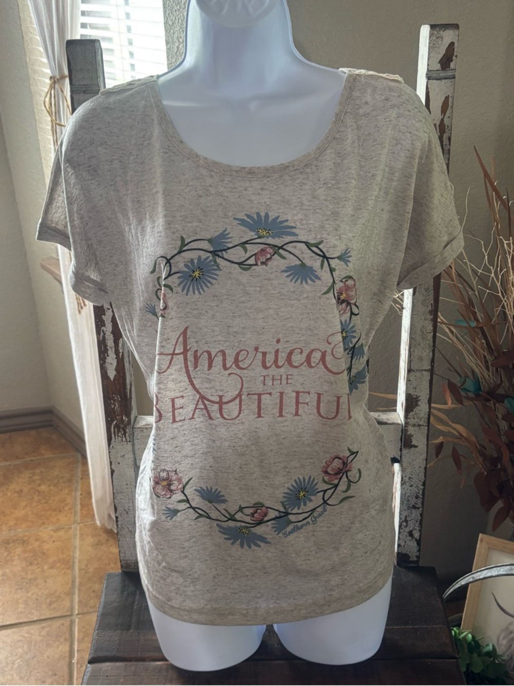 Southern Grace Cream Floral "America the Beautiful" Short Sleeve Tee